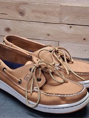 Sperry Tan Leather 2-Eye Boat Shoes with White Sole